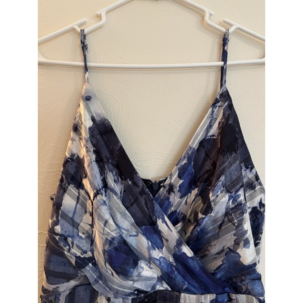 Lulus Blue Floral High Low Maxi Dress Pleated Metallic Stripe Surplice Size L - Picture 3 of 9